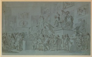 The Royal Academicians assembled in their council chamber to adjudge the Medals to the successful students in Painting, Sculpture, Architecture and Drawing," pen and brown ink, with grey wash, on blue paper, by the British artist Henry Singleton. Circa 1793.